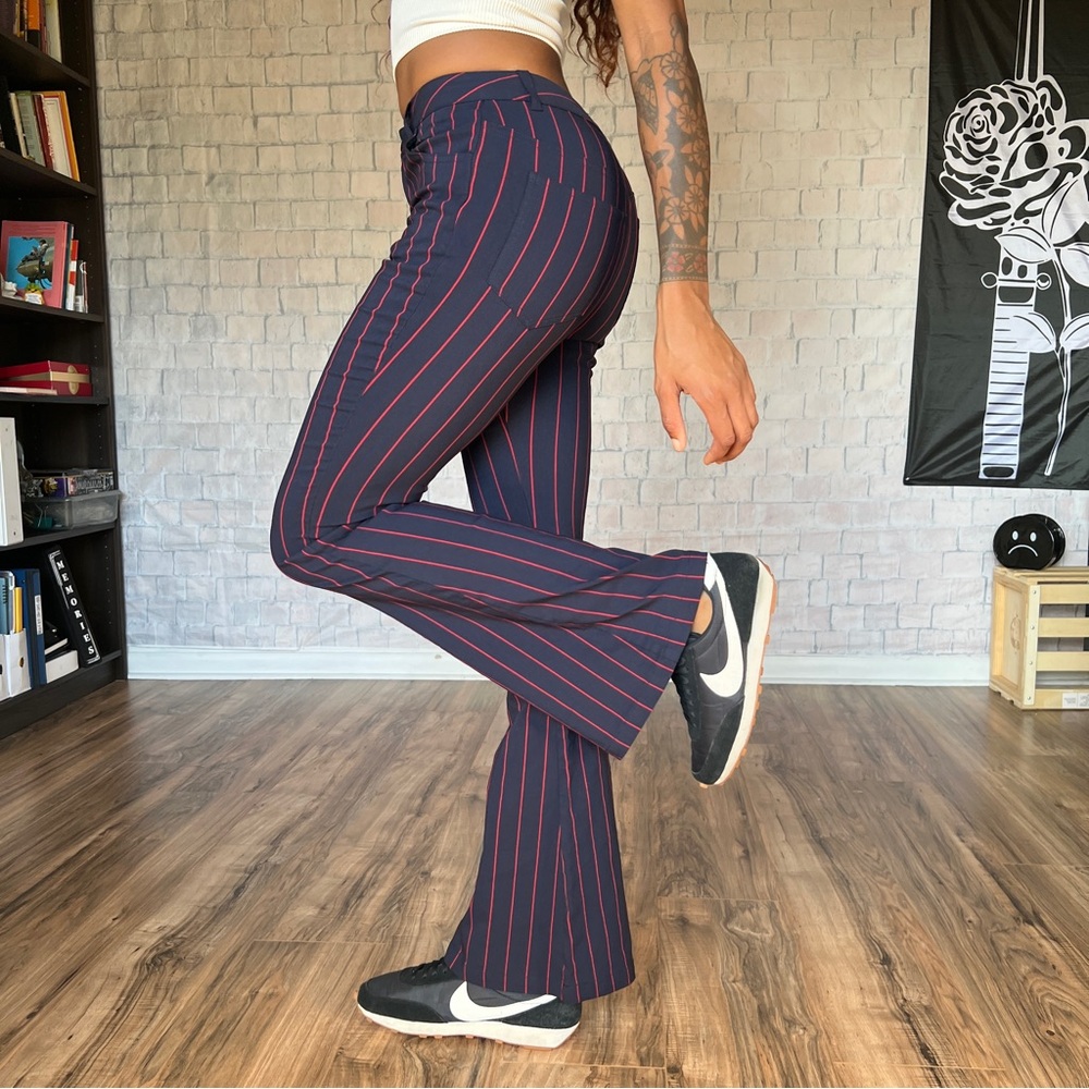 Urban Outfitters 
Navy and Red Striped Flare Pants